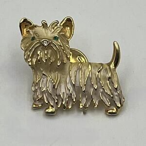 Scottish Terrier Brooch Pin Gold Tone Scottie Pinback White Enamel Green Eyes